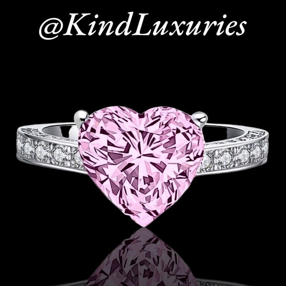💎188💎 925 Sterling Silver‎ Pink Heart Diamond Eternity Engagement Wedding Ring